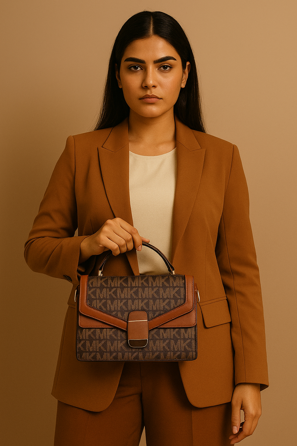 MK Signature Monogram Luxe Satchel – Cognac Noir Edition